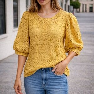 Solitaire Yellow Lace Puff Sleeve Blouse Floral Textured Short Sleeve Top